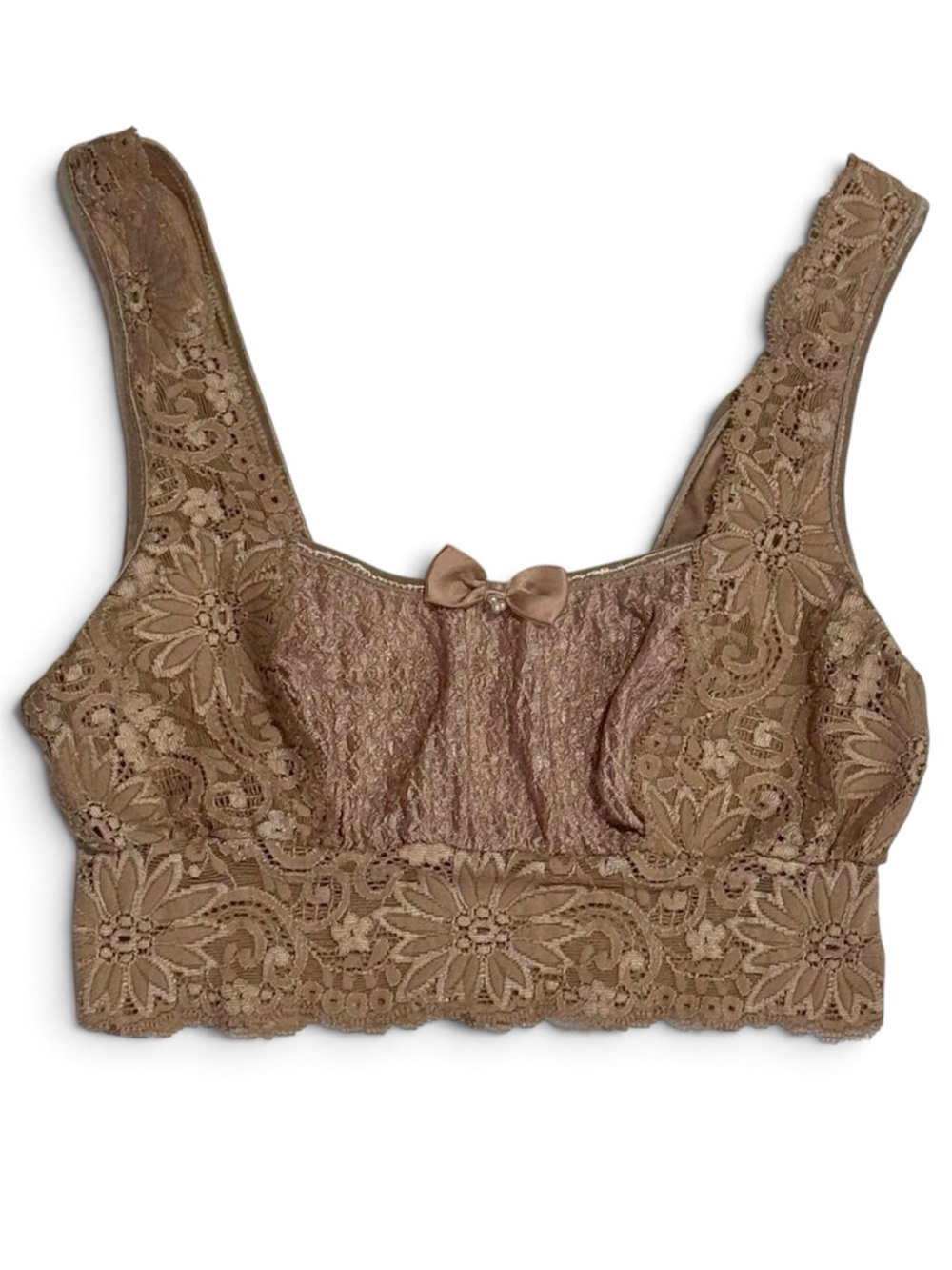 Vintage 90s Dusty Rose Lace Bralette Crop Top Pearl Bow S